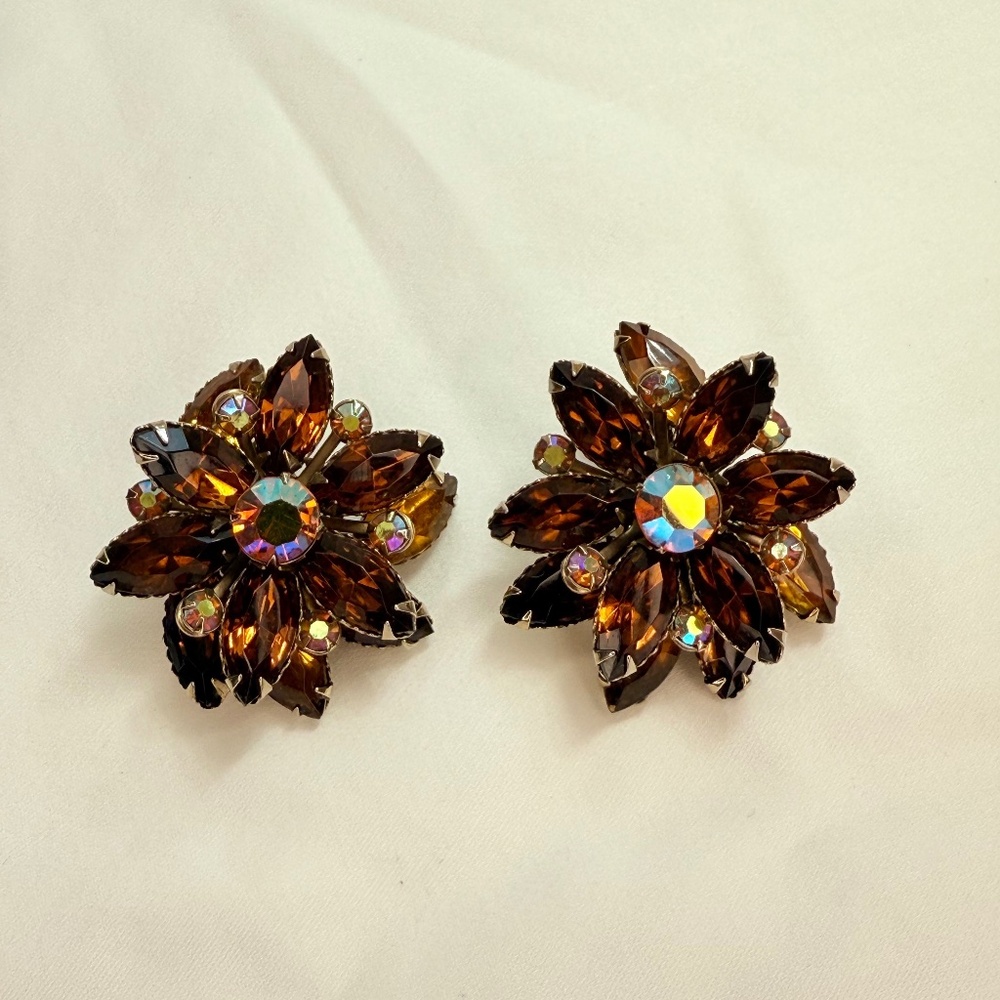Vintage Rivited Brown Glass and Brown AB Clip Earrings Flower Cluster Design